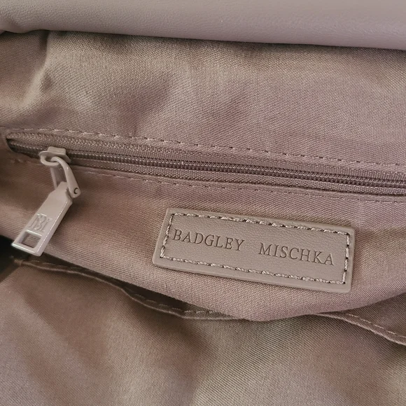Badgley Mischka Vegan Leather Taupe Pleated Logo Shoulder Bag – NWT - Picture 9 of 10